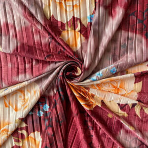 Maroon and Yellow The Floral Bliss Digital Printed Pleated Satin Imported Fabric