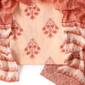 Orange & Peach Flower Bunch Block Printed Pure Cotton Unstitched Suit Set